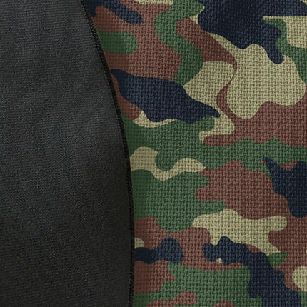 Close up of woven polyester material on woodland camo graphic round rug with Jet Black edge finish showing camouflage print detail