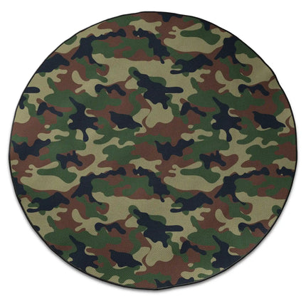 Woodland camo graphic round rug with Jet Black edge finish shown from above on white background