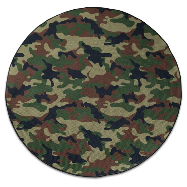 Woodland camo graphic round rug with Jet Black edge finish shown from above on white background