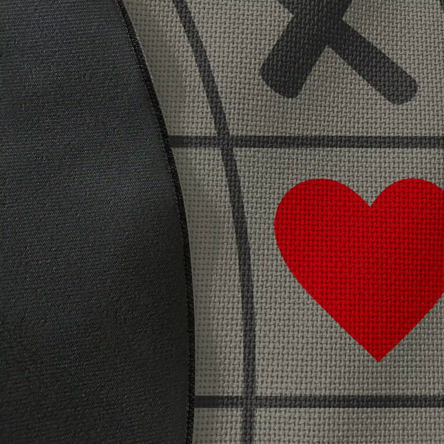 Close up of woven polyester material on XO Grid graphic round rug with Jet Black edge showing tic tac toe artwork and print texture