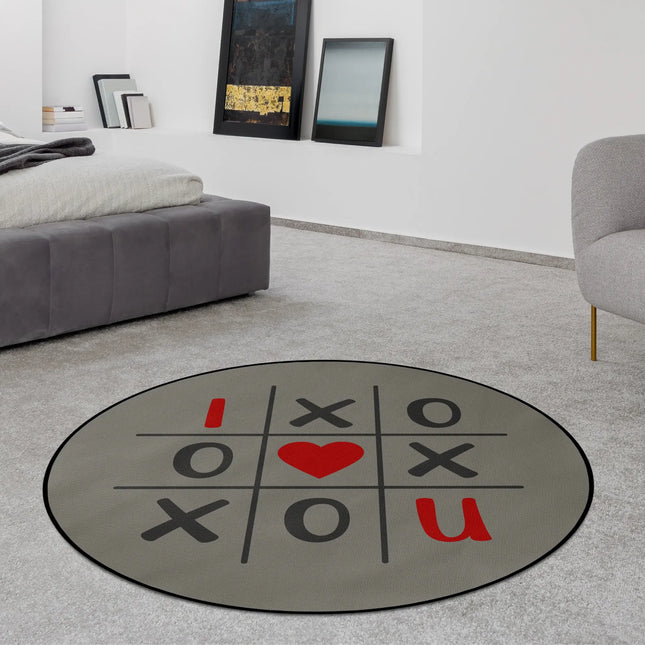 XO Grid graphic round rug with tic tac toe inspired design styled in a modern bedroom with Jet Black edge finish