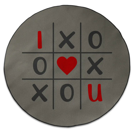 XO Grid graphic round rug with Jet Black edge finish shown from above on white background