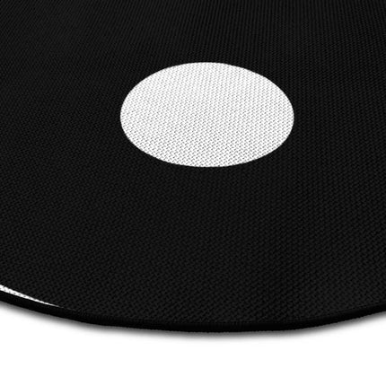 Close up of yin yang round rug Jet Black edge showing woven polyester detail